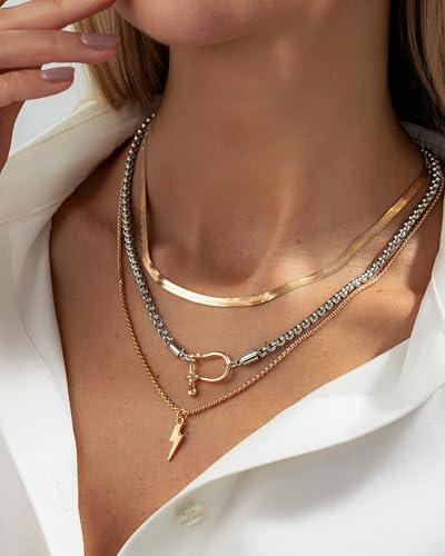 Gold Layered Necklaces for Women Chunky Layered Gold Necklaces Stacked Paperclip Chain Pearl Necklace Herringbone Toggle Clasp Choker Trendy Statement Jewelry Gifts - color: B4:two tone necklace