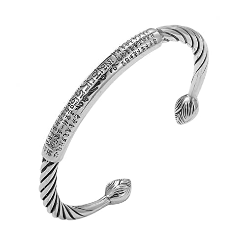 Innocence S925 Silver-Plated Antique Wide Feather Cuff Bracelet For Men Women Adjustable Retro Twisted Feathers Bracelets Gift Jewelry - color: Six True Words