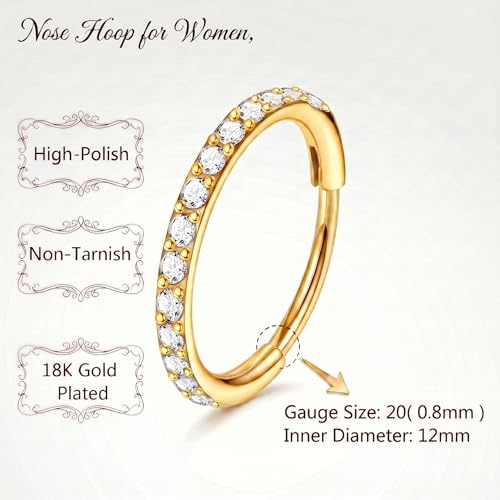 Staligue Nose Hoop ring - 316L Surgical Steel Nose Ring 16/18/20G Hinged Diamond Nose Ring Hoop Septum Clicker Rings Cartilage Earring Helix Rook Tragus Daith Piercing Jewelry for Women 6MM/8MM/10MM/12MM - color: Gold, size: 20G-12MM