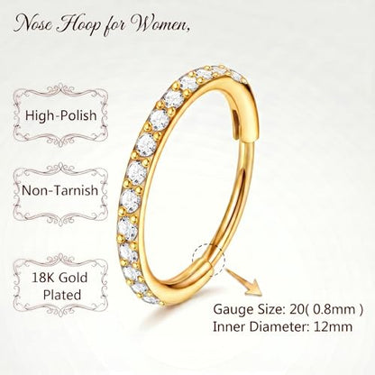 Staligue Nose Hoop ring - 316L Surgical Steel Nose Ring 16/18/20G Hinged Diamond Nose Ring Hoop Septum Clicker Rings Cartilage Earring Helix Rook Tragus Daith Piercing Jewelry for Women 6MM/8MM/10MM/12MM - color: Gold, size: 20G-12MM