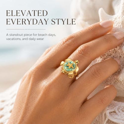 Adjustable Starfish & Tortoise Ring for Women – 18K Gold-Tone Plated Stainless Steel Open Band, Ocean-Inspired Jewelry with Shell Inlay,Comfort-Fit Statement Ring for Summer, Beach & Everyday Wear