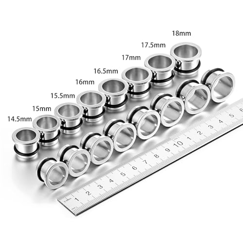 Casvort 22 PCS/16 PCS Hypoallergenic 18G-1'' Comfy Dead Stretching Plugs in 0.5mm Increments Saddle Plugs with Rubber Rings 316 Surgical Stainless Steel Crazy Ear Gauges Body Piercing Jewelry - color: Silver Tunnel 14.5-18mm 16PCS