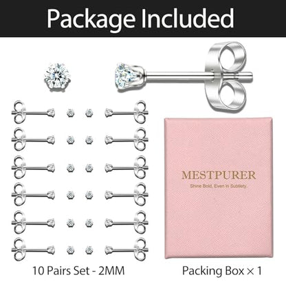 10 Pairs Small Stud Earrings for Women – Hypoallergenic Stainless Steel Tiny Earrings for Sensitive Ears, Cubic Zirconia Simulated Diamond Stud Earrings - style: 2mm-10 pairs-silver