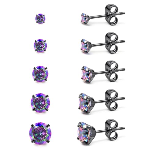5 Pairs Stud Earrings for Women, Hypoallergenic Cubic Zirconia Silver Black 316L Surgical Stainless Steel Rainbow CZ Earrings Set 3-7mm - color: 5 Pairs Black+Rainbow CZ