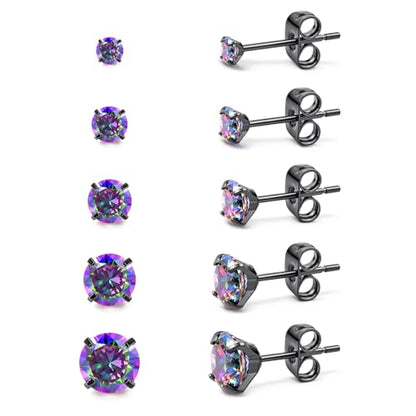 5 Pairs Stud Earrings for Women, Hypoallergenic Cubic Zirconia Silver Black 316L Surgical Stainless Steel Rainbow CZ Earrings Set 3-7mm - color: 5 Pairs Black+Rainbow CZ