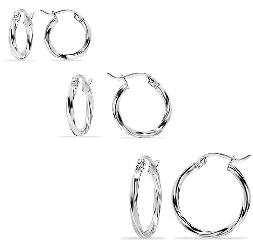Hoops & Loops 925 Sterling Silver Twisted Hoop Earrings for Women - Hypoallergenic 14K Gold, Rose Gold, Black Flash Plated 2mm Thin Twist Design Round Click-Top Hoops, 15/20/25/30/35/40/50/60mm - color: 15,20,25mm - Silver