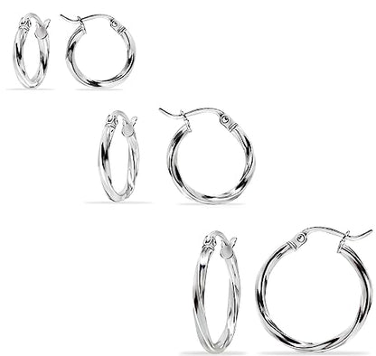 Hoops & Loops 925 Sterling Silver Twisted Hoop Earrings for Women - Hypoallergenic 14K Gold, Rose Gold, Black Flash Plated 2mm Thin Twist Design Round Click-Top Hoops, 15/20/25/30/35/40/50/60mm - color: 15,20,25mm - Silver