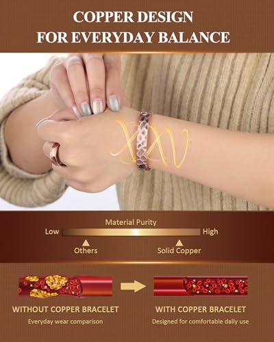 Pure Copper Bracelet and Ring Set – Copper Bracelet for Men & Women – 100% Solid, Raw & Uncoated Handmade Hammered Tibetan Cuff Bangle - color: copper079