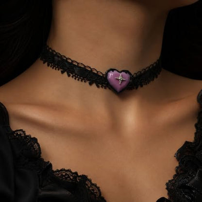 Halloween Gothic Choker Necklace for Women Black Lace Choker Purple Heart Pendant Adjustable Halloween Costume Jewelry Party Accessories - color: A: black lace