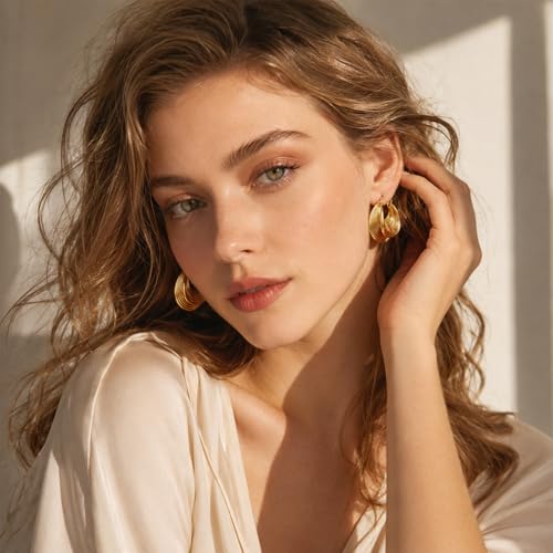 Small Hoop Earrings for Women Wide Half Huggie Hoops Chunky Hoop Earrings 18K Real Gold Plated 925 Sterling Silver Hammered Hypoallergenic Lightweight - color: QIHP-21-BagGold