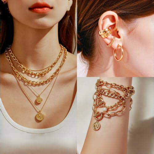 25 PCS Gold-Tone Jewelry Set for Women - 1 Layered Necklaces, 3 Stackable Bracelets, 6 Pairs Earrings, 9 Knuckle Rings, Trendy Gold Plated Layering Jewelry Set for Women Gift
