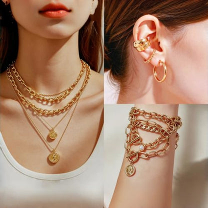 25 PCS Gold-Tone Jewelry Set for Women - 1 Layered Necklaces, 3 Stackable Bracelets, 6 Pairs Earrings, 9 Knuckle Rings, Trendy Gold Plated Layering Jewelry Set for Women Gift