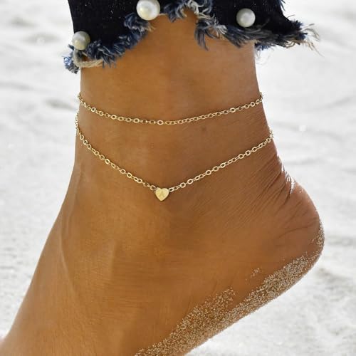 Heart Initial Ankle Bracelets for Women, 14K Gold Filled Handmade Dainty Layered Anklet Letter Initial Heart Ankle Bracelets for Women Beach Jewelry Gifts - style: J