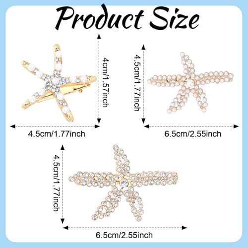 3PCS Starfish Hair Clips for Women Sparkly Crystal Pearl Hair Barrettes Gold Tone Ocean Themed Hair Accessories for Beach, Summer Vacation, Costume Party, Daily Wear