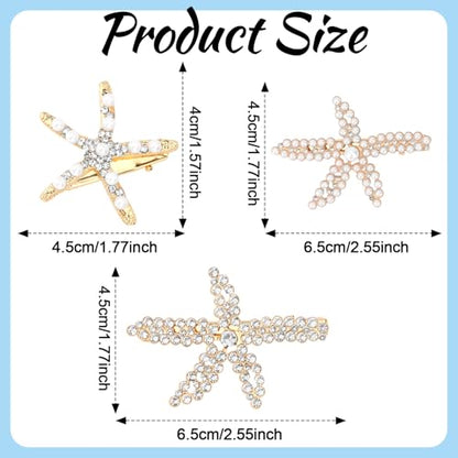 3PCS Starfish Hair Clips for Women Sparkly Crystal Pearl Hair Barrettes Gold Tone Ocean Themed Hair Accessories for Beach, Summer Vacation, Costume Party, Daily Wear