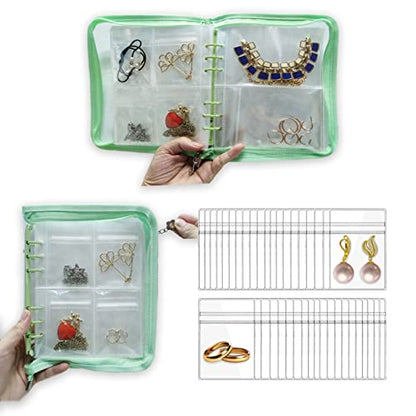 Travel Jewelry Organizer: Book-Style, Zipper, Anti-Tarnish & Foldable Case | Book-style foldable travel jewelry organizer, zipper pouch with dust protection, anti-tarnish liner, daily storage - color: Green