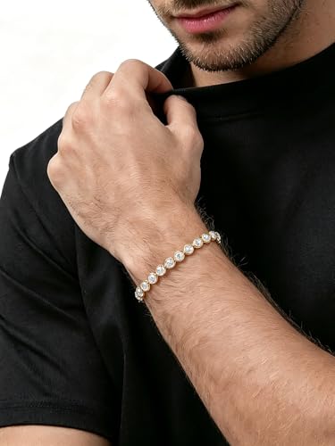 Sterling Silver 14K Gold Plated 2.5mm/3mm/4mm/5mm Round Cut Moissanite Tennis Bracelet, Classic Luxury Bezel Set Diamond Bracelets for Women Men Wedding Birthday Jewelry, Size 6.5" 7" 7.5" 8.3" - color: CZ-5mm Width-Gold, size: 8.3 Inch (Fit Wrist 7"-8")