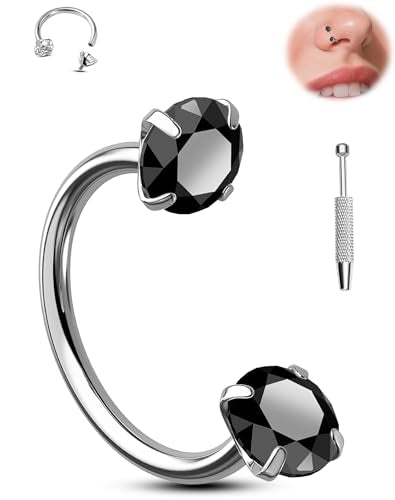 Jewseen Titanium Horseshoe Nose Ring 18G Double Gem Nose Ring for Women 6MM/7MM/8MM Internally Threaded Lip Septum Piercing Jewelry Horseshoe Helix/Daith/Tragus Earring for Women - color: Black CZ, size: 1.0*6mm