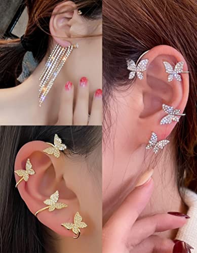 Tornito 17Pcs Ear Cuffs Chain Earrings Snake Butterfly Leaf Non Piercing Clip on Earring Fake Helix Cartilage Earrings Ear Clip Jewelry Silver Gold Tone - color: B:Gold Tone