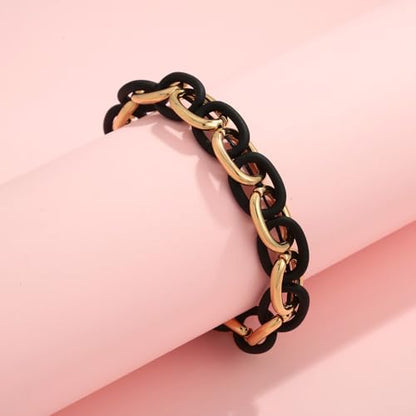 WOWORAMA Chunky Chain Bracelet for Women, Gold/Silver | Adjustable Elastic Stretch Bracelet, Thick Chunky Link Bracelet, Statement Jewelry - color: Black and Gold