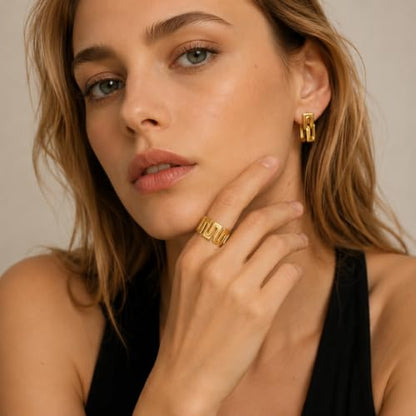 Gold Open Ring Stainless Steel Geometric Wide Band Adjustable Statement Ring for Women Daily Party Jewelry - color: B0104-Golden