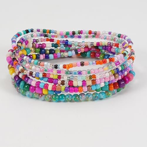 Bohemian Colorful Crystal Glass Beads Seed Beaded Bracelet Handmade Adjustable Stackable Elastic Strand Bangle for Women Summer Beach Hawaii Boho Wristbands Jewelry - color: colorful