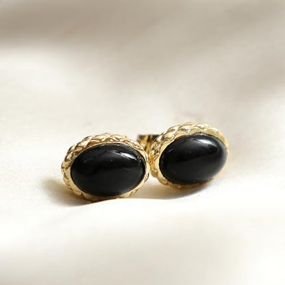 Gempires Bold Oval Gemstone Stud Earrings for Women – Natural Healing Stone Jewelry 14K Gold-Plated Hypoallergenic Tarnish-Resistant – Bold Statement Studs Gift for Her - style: Black Onyx