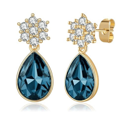 Elegant Austrian Crystal Teardrop Dangle Earrings for Women,14K Gold Plated Flower Drop Earrings Jewelry Gift for Birthday Wedding Anniversary - color: Denim Blue