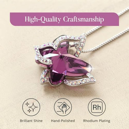 Butterfly Necklace, Birthstone Crystal, for Women, Silver Tone Pendant Jewelry, Anniversary Birthday Gift for Her, Wife & Mom, 18"+2" - color: 02a-February Birthstone - Amethyst Dark Pink Crystal