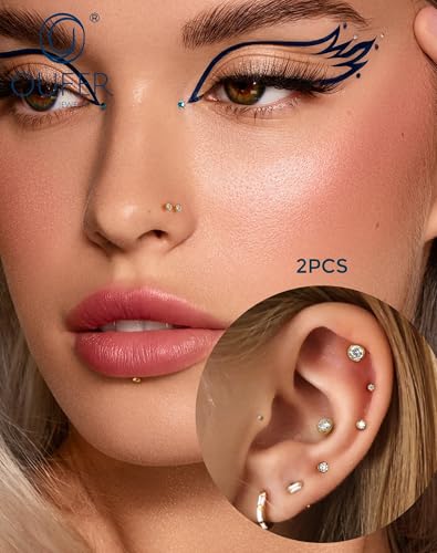 OUFER 2Pcs 20G/18G/16G G23 Titanium Threadless Nose Stud Earrings Flat Back Tiny CZ Small Nose Helix Cartilage Tragus Conch Labret Medusa Monroe Piercing Jewelry for Women Men - color: Silver, size: 2pcs, 16g 5mm, 1.5mm cz