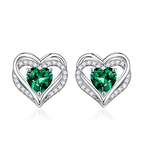 Iefil Birthstone Earrings for Women - 925 Sterling Silver Heart Stud Earrings Birthday Gifts for Women - color: 05-May-Created Emerald