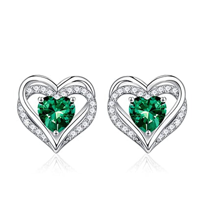 Iefil Birthstone Earrings for Women - 925 Sterling Silver Heart Stud Earrings Birthday Gifts for Women - color: 05-May-Created Emerald