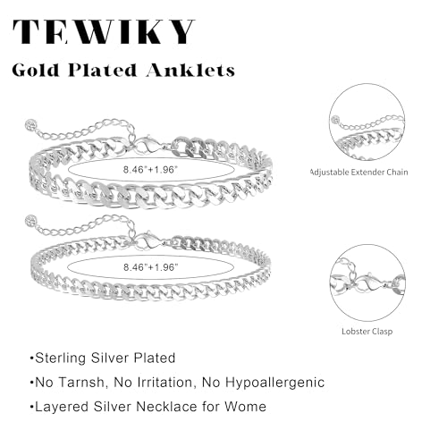 Tewiky Chunky Ankle Bracelets for Women,Dainty Layered Waterproof Anklet for Women Adjustable Cuban Set Stackable Cute Summer Beach Jewelry Gift - color: silver
