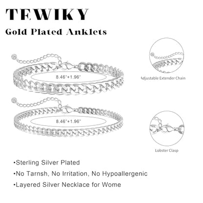 Tewiky Chunky Ankle Bracelets for Women,Dainty Layered Waterproof Anklet for Women Adjustable Cuban Set Stackable Cute Summer Beach Jewelry Gift - color: silver