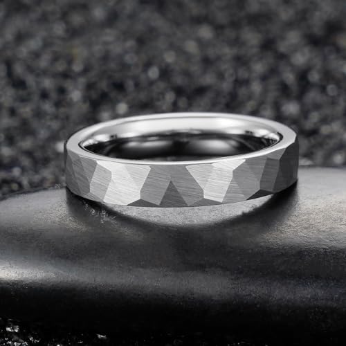 2/4/6/8mm Black/silver/gold Tungsten Rings for Men Womens Couple Fashion Jewelry Promise Engagement Wedding Band Hammered Inner ring inlaid with olive wood Carbide Polished Edge Comfort Fit - color: 4MM silver