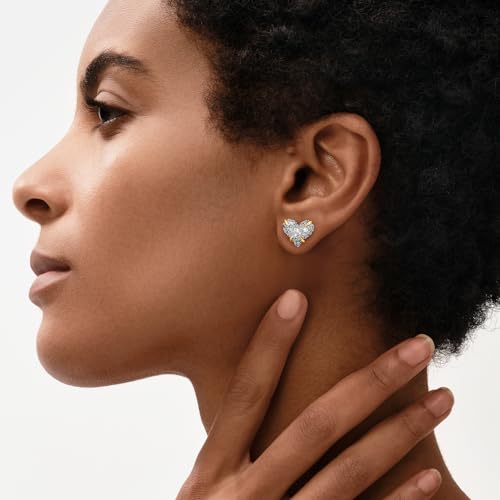 MEVECCO Pave Cubic Zirconia Stud Earrings for Women, 18K Gold Plated Brass | Pave CZ Fronts, Curved Gold Plated Edge Accents, Soft Motifs and Clean Geometric Styles - style: heart