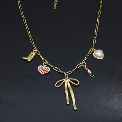 JNF Cute Shell Conch Boho Charm Necklace for Women Sun Moon Star Coin Heart Flower Boot Bow Charms Necklaces Summer Beach Jewelry - color: bow charm necklace