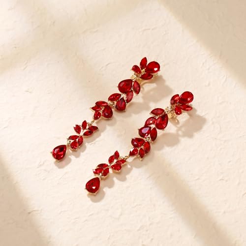 Crysdue Clip On Earrings for Women Rhinestone Crystal Teardrop Cluster Wedding Bridal Non Pierced Long Dangle Earring for Prom Party - color: Red Gold-Tone