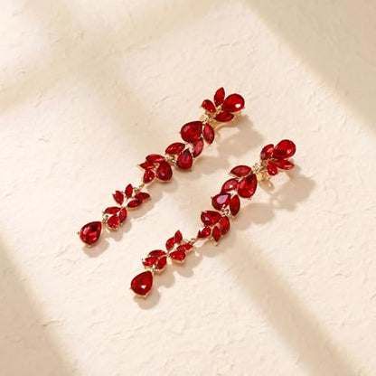 Crysdue Clip On Earrings for Women Rhinestone Crystal Teardrop Cluster Wedding Bridal Non Pierced Long Dangle Earring for Prom Party - color: Red Gold-Tone