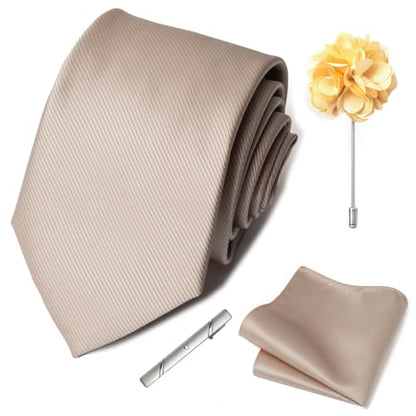 joy alice 30 Colors Solid Ties for Man Pure Color Men's Tie Set with Lapel Pin Pocket Square Tie Clip - color: Champagne Gery