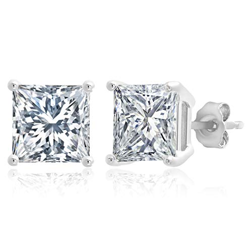 MAX + STONE Plated Sterling Silver Cubic Zirconia Stud Earrings (Round & Princess) - size: 7.5MM, style: Princess