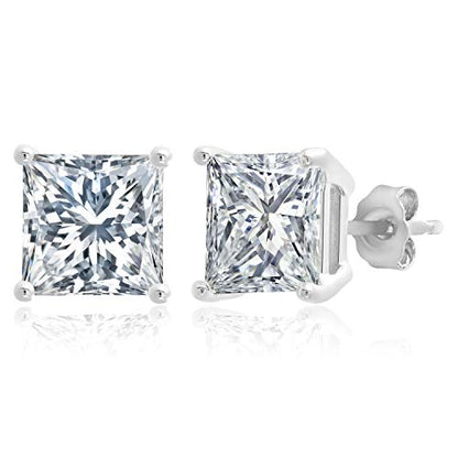 MAX + STONE Plated Sterling Silver Cubic Zirconia Stud Earrings (Round & Princess) - size: 7.5MM, style: Princess