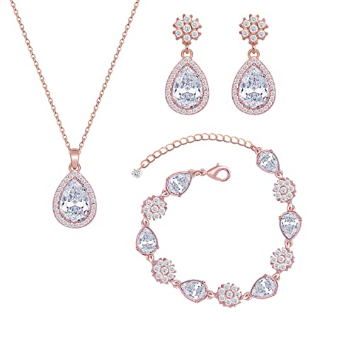 Bridesmaid Jewelry Set for Women,Pendant 18K Gold & Silver & Rose Gold Pendant Necklace Earrings Bracelet Set,Dainty Gift for Wedding/Proposal/Party/Anniversary - color: ROSE GOLD - 6 SETS