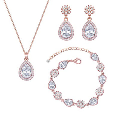 Bridesmaid Jewelry Set for Women,Pendant 18K Gold & Silver & Rose Gold Pendant Necklace Earrings Bracelet Set,Dainty Gift for Wedding/Proposal/Party/Anniversary - color: ROSE GOLD - 4 SETS