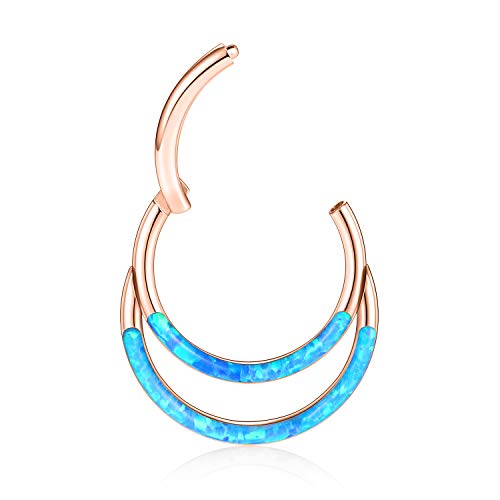 GAGABODY Septum Jewelry 16 Gauge Earrings Double Hoop Daith Earring Surgical Steel Hinged Nose Rings Nose Hoop Helix Tragus Rook Piercing - color: Style6:1pc Rose Gold+Blue Opal Double Hoop