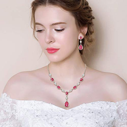 EleQueen Women's Wedding Bridal Jewelry Sets for Brides Bridesmaids, Cubic Zirconia Teardrop Necklace Tennis Bracelet Dangle Earrings Jewellery Set - color: 08-Pink Color Clear-Tone