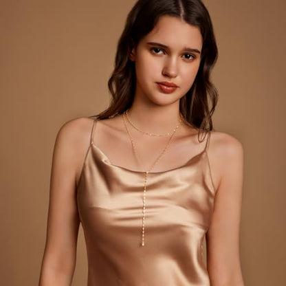 Zeffy Lariat Gold Necklace for Women, Dainty Long Necklace 14k Gold/Silver Plated Layered CZ Beaded Bar Chain Y-Shaped Body Chain Stack Drop Wedding Necklace Trendy Simple Gold Jewelry Gifts - color: Gold CZ Layered Y Necklace(1PCS)