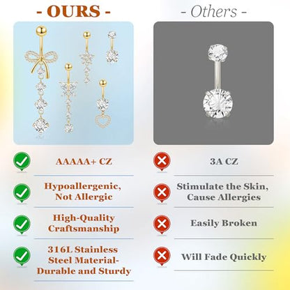 REVOLIA 5Pcs 14G 316L Stainless Steel Dangle Belly Button Rings Heart Flower Dangling Navel Ring Cute Bow Butterfly Belly Ring Sparkling CZ Belly Piercing Jewelry 10MM Gold