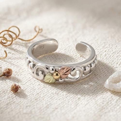 Black Hills Gold Toe Ring Sterling Silver with 12k Green & Rose Gold Grape Leaves Adjustable Vine Scroll Toe Ring, Tri-Color Leaf Summer Foot Jewelry for Women
