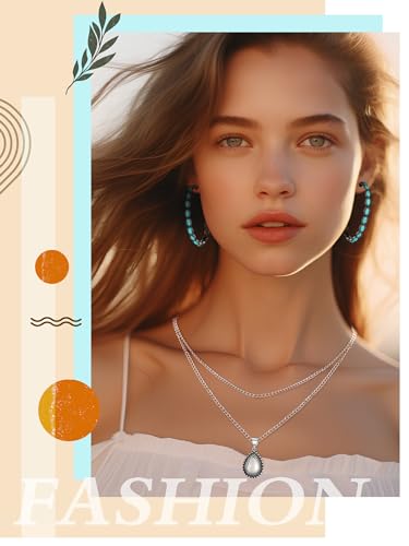 Ecally Bohemian Western Jewelry Turquoise Set Women Country Pendant Long Choker Layered Bracelets Earrings Ring for Women - color: Turquoise, style: Classic